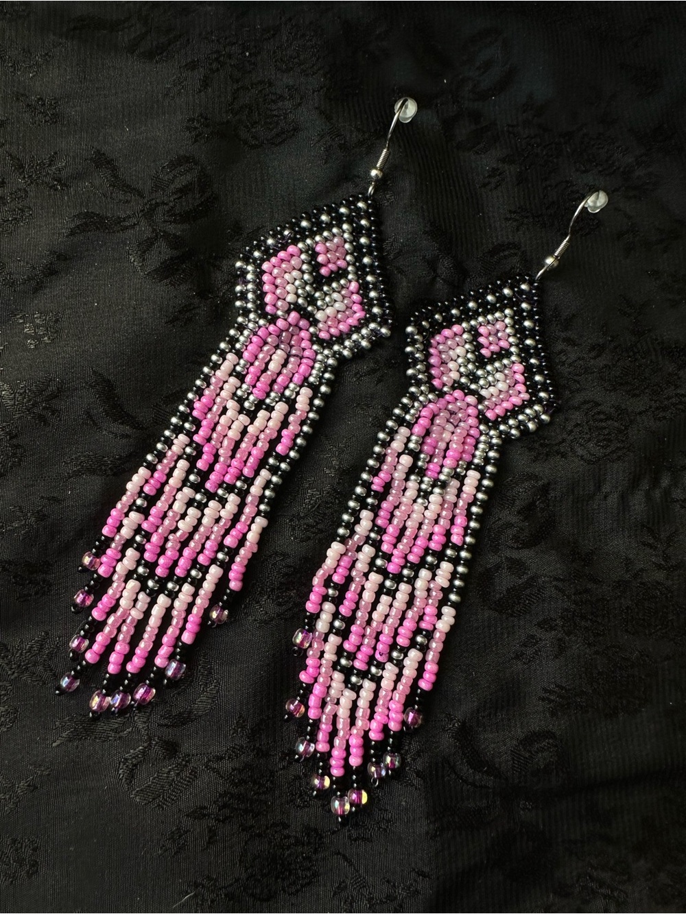Handmade Beaded Fringe Earrings - Pink Black